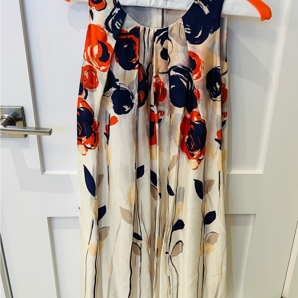 Cream and Orange Ruched Smocked Halter Midi Dress